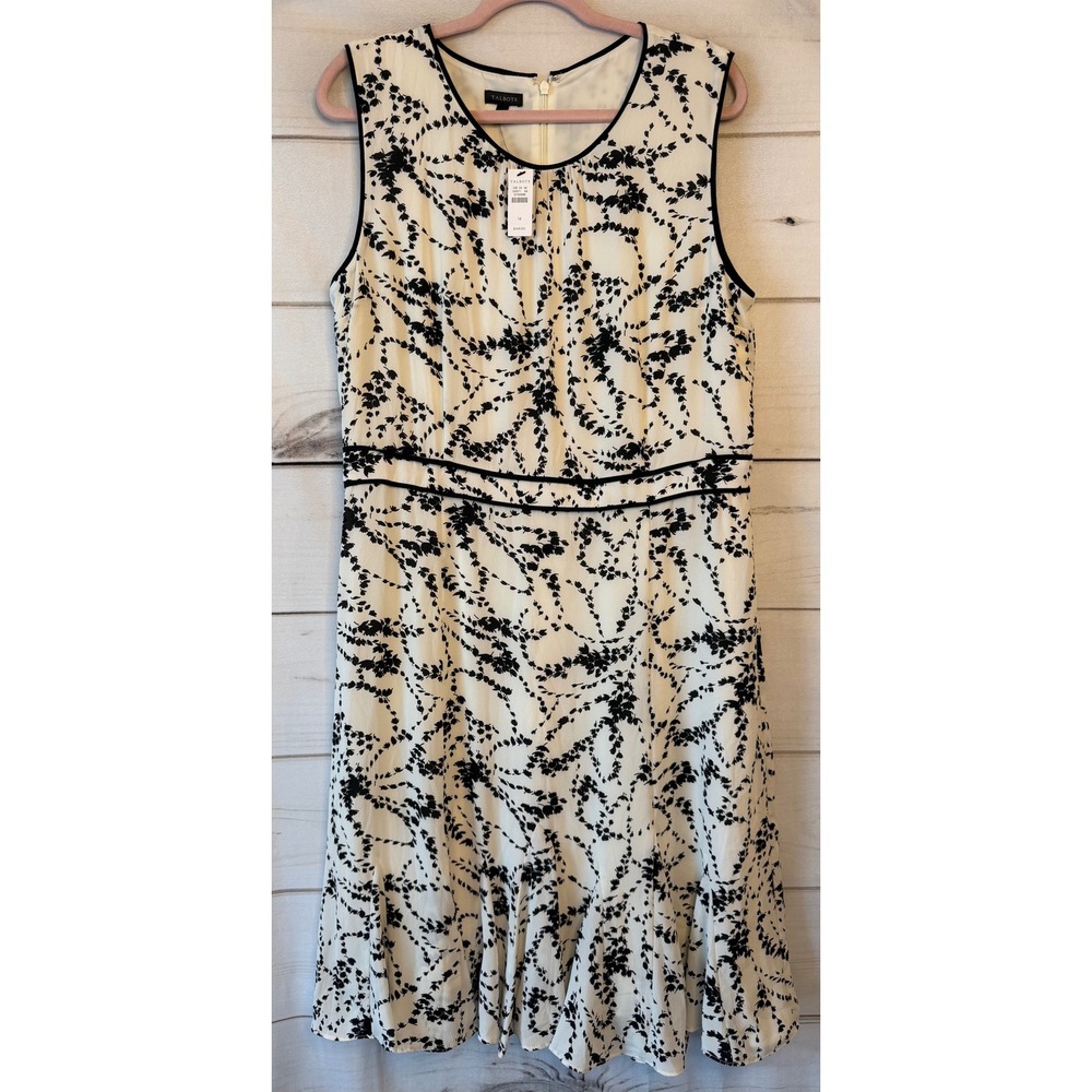 Talbots Womens Ivory Black Floral Vine Sleeveless Midi Dress Size 14 NWT